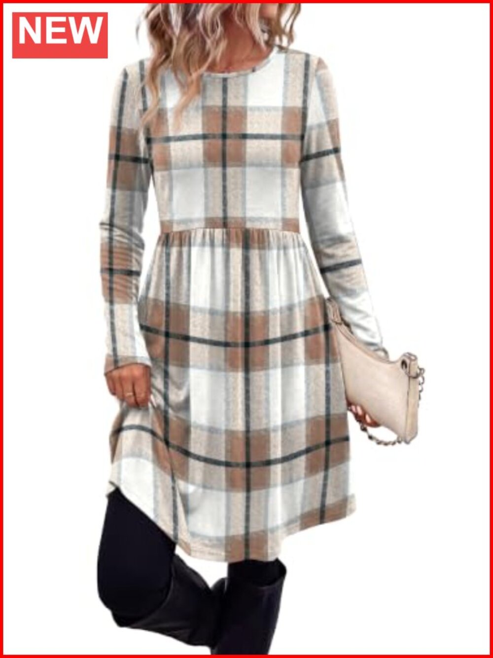 Long Sleeve Babydoll Dress with Pockets Crew Neck Casual Midi Sweater Dress